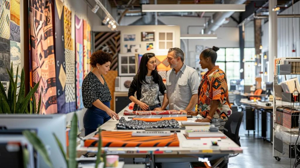 a dynamic office setting showcases a diverse team collaborating over vibrant fabric samples and printed designs, surrounded by advanced printing equipment, emphasizing strategic decision-making in selecting effective branding solutions.