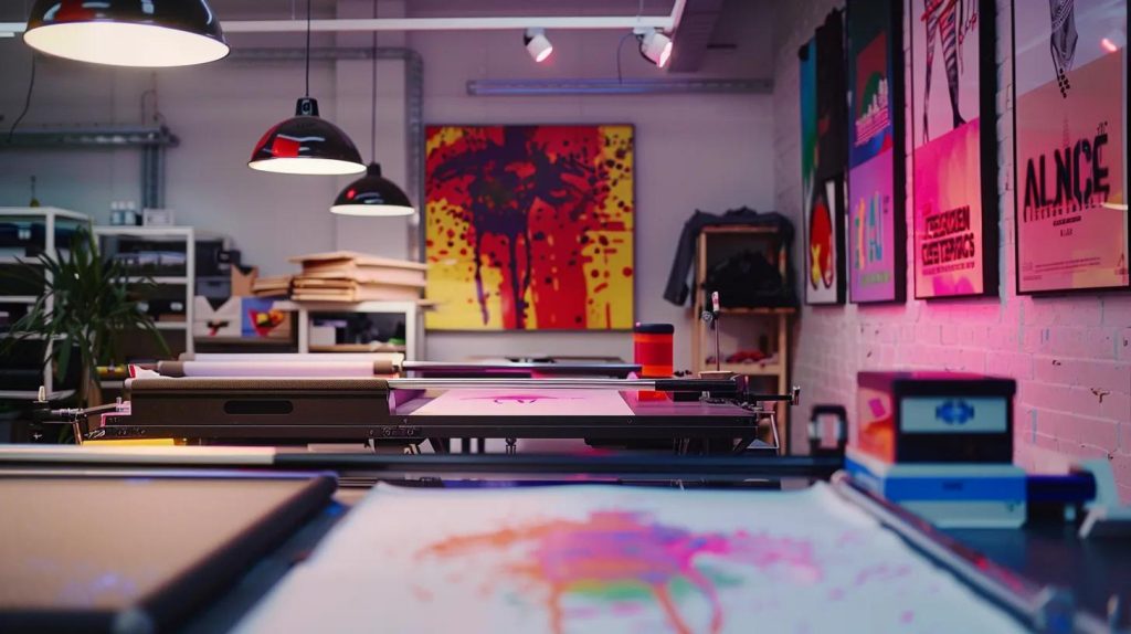 a dynamic urban studio showcases a state-of-the-art automatic screen printing machine in action, producing vibrant, high-density designs on branded clothing, with splashes of vivid ink contrasting against sleek, modern apparel.