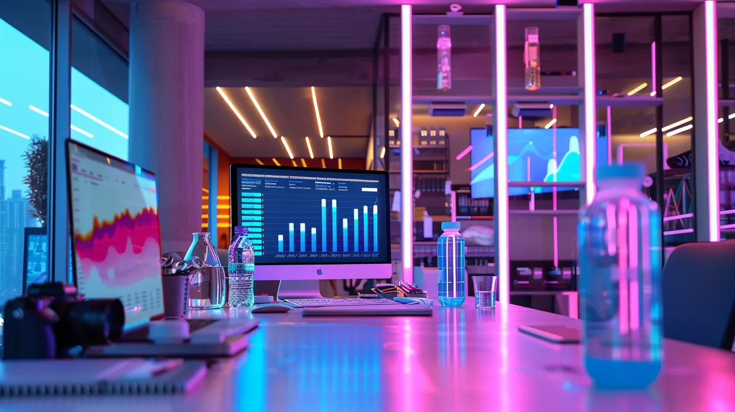 a modern office workspace features a vibrant digital dashboard displaying metrics on branded merchandise success, with a stylish table adorned with promotional products like custom water bottles and gift boxes, all under dynamic artificial lighting.