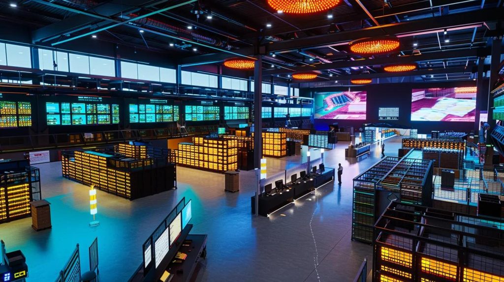 a sleek, high-tech warehouse interior showcases a bustling automated fulfillment center, featuring robotic sorters in action and digital screens displaying real-time inventory data, all illuminated by bright, efficient led lighting to highlight the seamless integration of logistics technology.