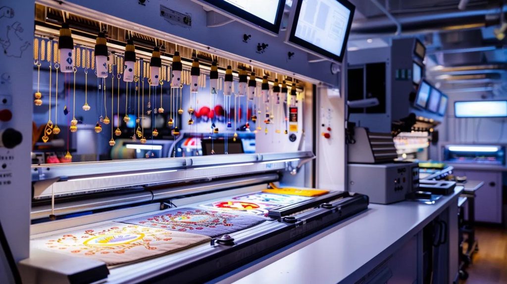 a sleek, modern embroidery studio filled with high-tech machines, showcasing vibrant custom apparel adorned with intricate flat-stitch logos, bold 3d puff designs, and layered appliqué patches, all under bright, focused lighting that highlights the textures and craftsmanship of the embroidered pieces.