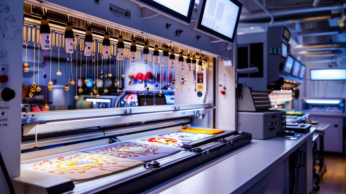 a sleek, modern embroidery studio filled with high-tech machines, showcasing vibrant custom apparel adorned with intricate flat-stitch logos, bold 3d puff designs, and layered appliqué patches, all under bright, focused lighting that highlights the textures and craftsmanship of the embroidered pieces.