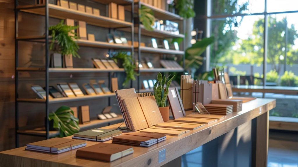 a sleek, modern office space showcases an array of innovative corporate gifts, featuring eco-friendly bamboo notebooks, tech-enhanced usb-c multi-adapters, and personalized wellness subscription boxes, all beautifully arranged in an engaging display that emphasizes sustainability and experiential value.