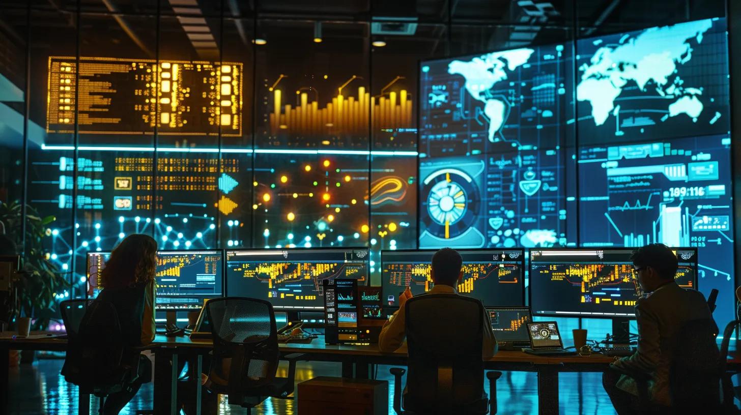 a vibrant office meeting room filled with professionals analyzing impactful data on custom branded apparel, surrounded by visually engaging graphs and charts on screens, highlighting the correlation between brand recognition and roi.