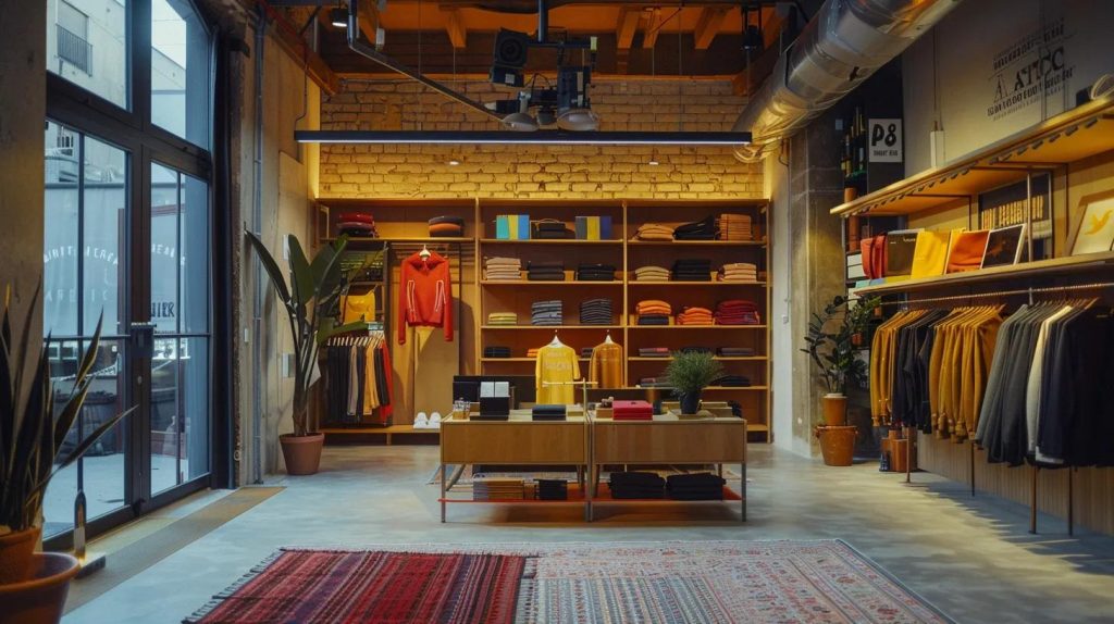 a vibrant urban workshop showcases a diverse array of stylish custom apparel made from recycled fabrics, featuring modular branding elements in a chic, contemporary setting, illuminated by focused studio lighting that highlights the innovative designs and eco-friendly materials.