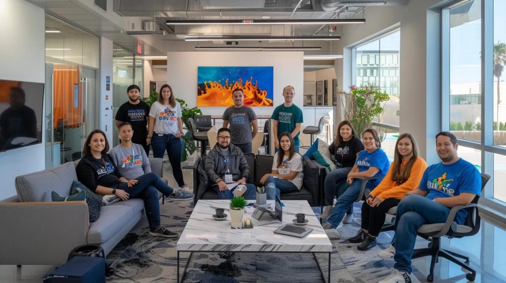 an engaging office environment showcases a diverse group of professionals prominently wearing custom branded apparel, each outfit radiating individuality and fostering a vibrant team spirit, contrasted against traditional promotional items like generic mugs and pens displayed on a modern conference table, highlighting the strategic shift towards high-impact brand visibility.