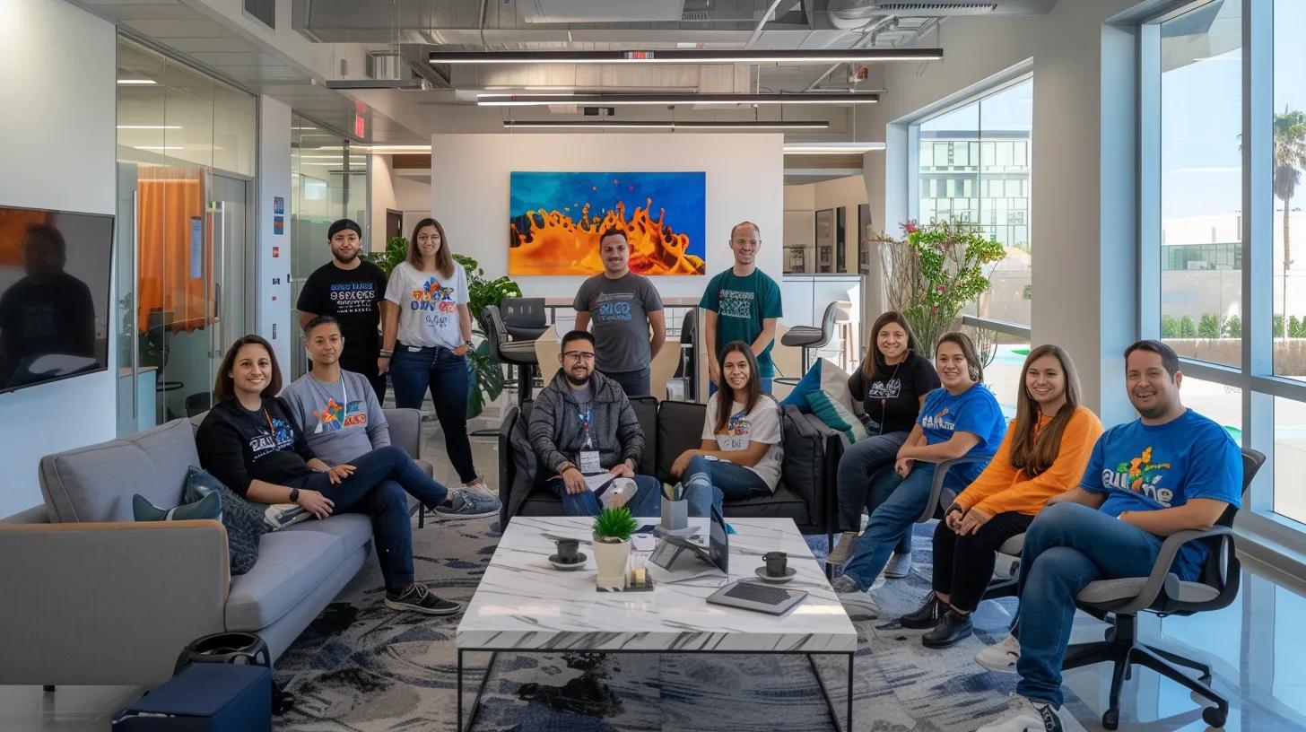 an engaging office environment showcases a diverse group of professionals prominently wearing custom branded apparel, each outfit radiating individuality and fostering a vibrant team spirit, contrasted against traditional promotional items like generic mugs and pens displayed on a modern conference table, highlighting the strategic shift towards high-impact brand visibility.
